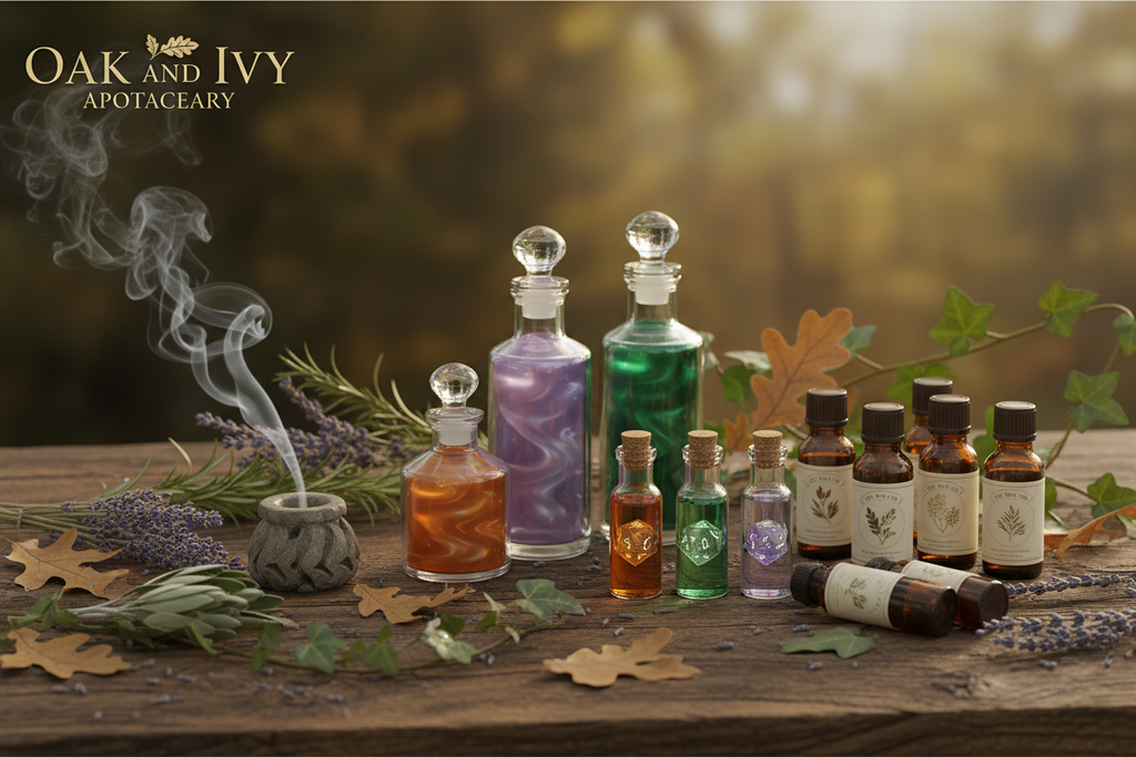 Oak and Ivy Apothecary that sells swirling potions, insense, essential oils, dice potions and more